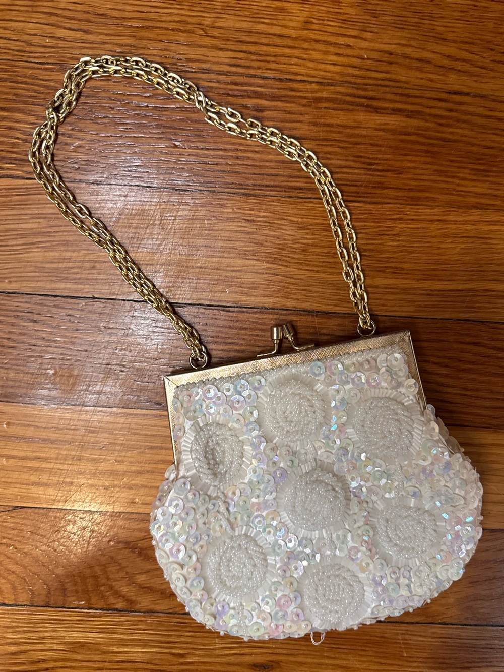 Vintage Mid Century White Iridescent Sequin Beaded Evening Purse Hand Made